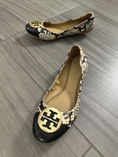 Tory Burch Ballet Flat Metal Logo Medallion Snake Print Women Size 9.5 Black Tan
