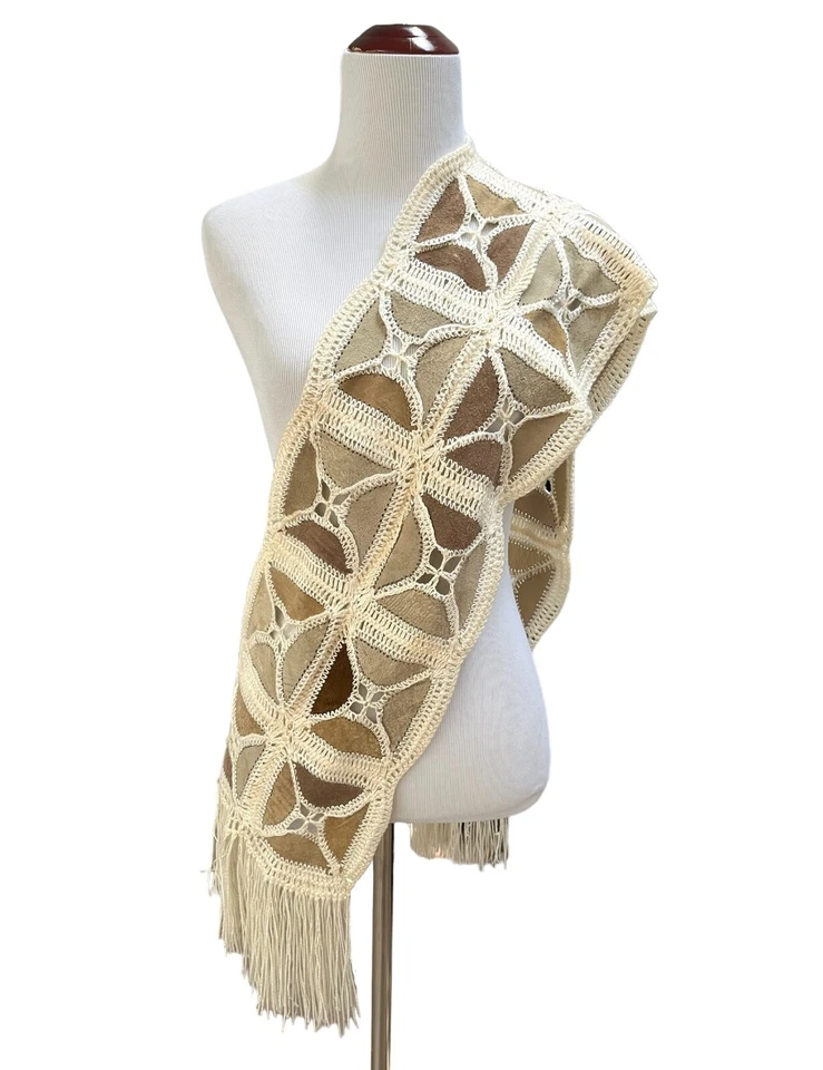 复古波西米亚围巾多色人造麂皮绒流苏象牙钩针纱 — 第 3/4 张图片