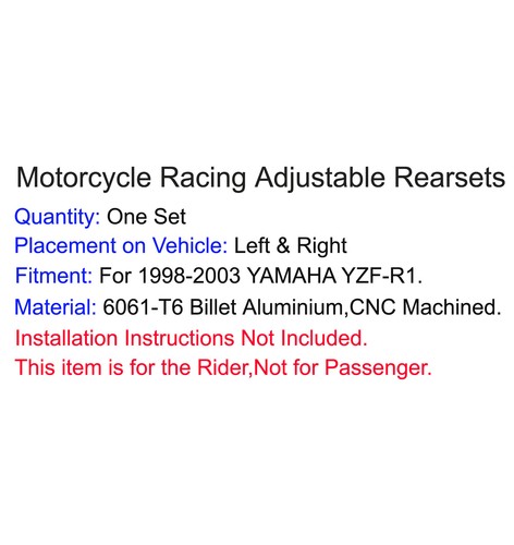 Nero rearset pedane arretrate regolabili poggiapiedi per YAMAHA YZF R1 1998-2003 - Picture 6 of 6