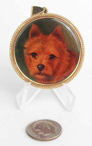 Vintage 14K Artist Original Signed Hand Painted Cairn Terrier Dog Pendant - Picture 7 of 7