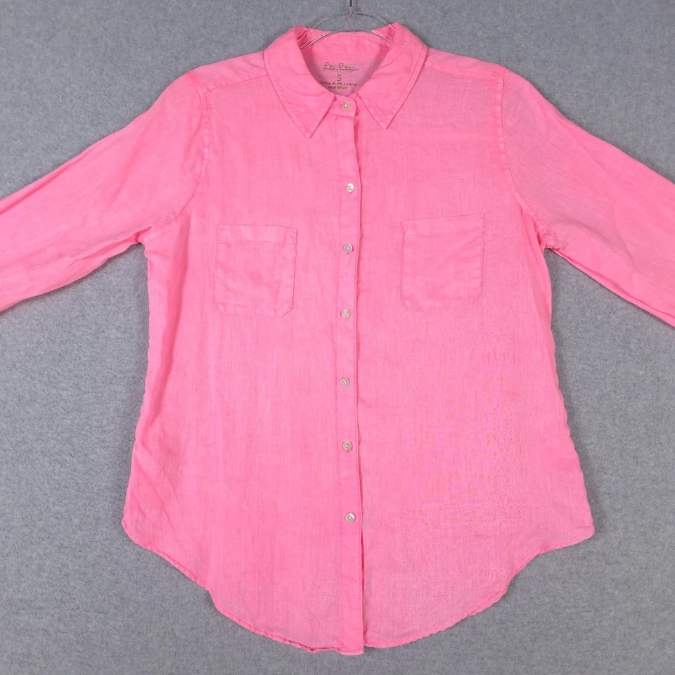 Camisa Top Blusa Lilly Pulitzer Mujer Pequeña Rosa Lino Abotonada Manga Larga Foto 2 de 4