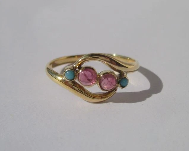 Bague ancienne or jaune 18 carats tourmaline rose et turquoise France vers 1900 - Photo 3/4