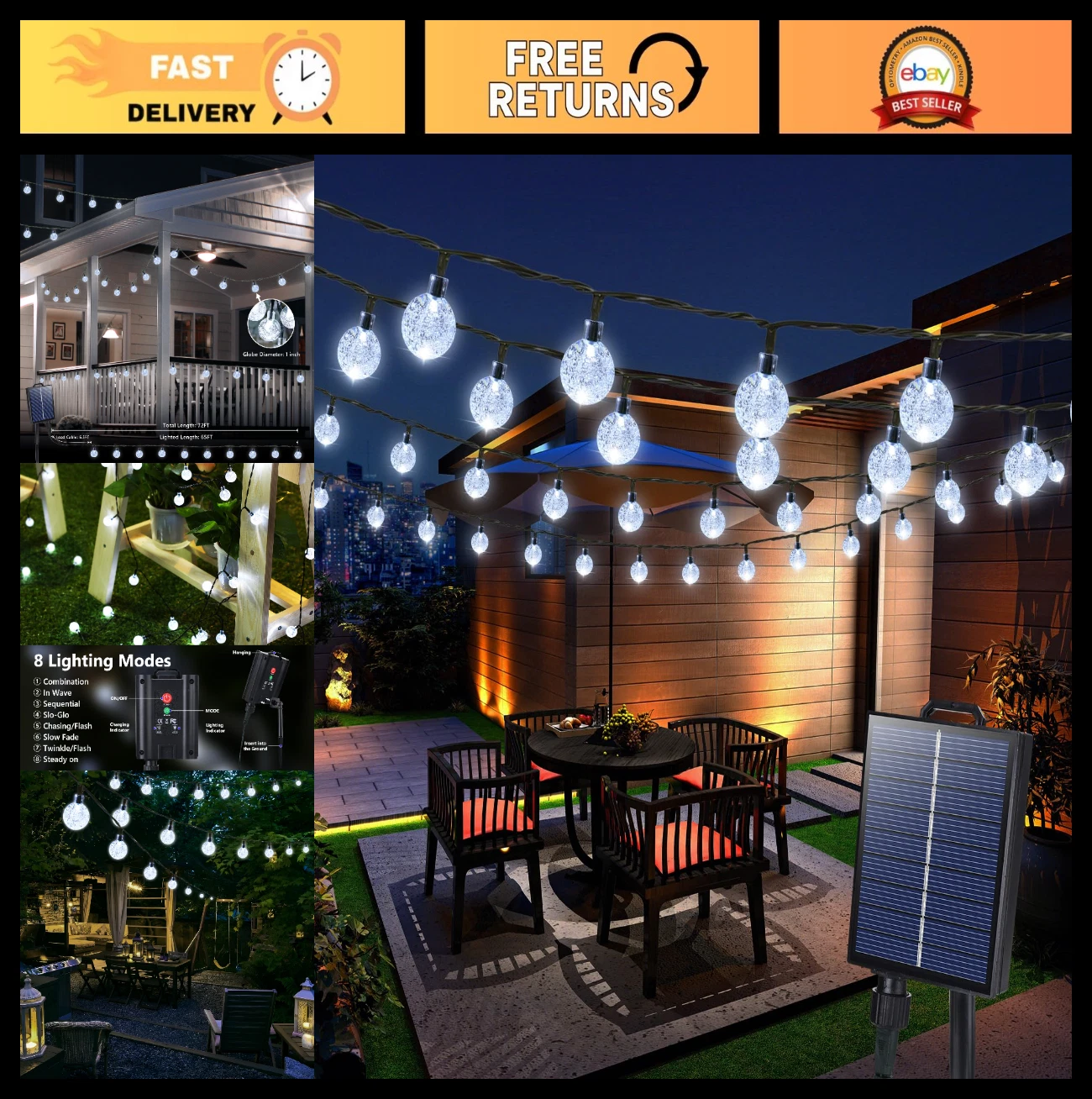 65FT 100LED Solar String Lights - Waterproof Globe Lights, 8 Modes for Outdoor D