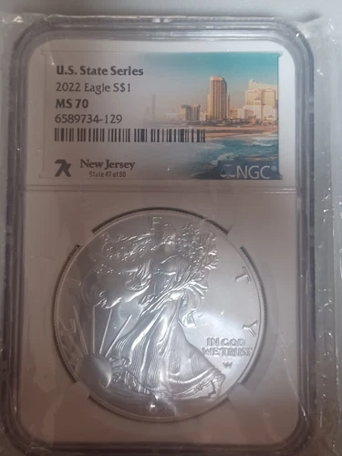 2022 AMERICAN SILVER EAGLE NGC MS70 U.S. STATE SERIES NEW JERSEY LABEL W CARD