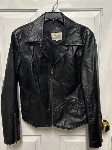 L'Avion Black Leather vest-lined Jacket - Size 38 vintage mid-80's