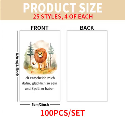 100 Affirmations Karten mit Tiermotiven (Deutsch)   25 Designs, je 4 Stück