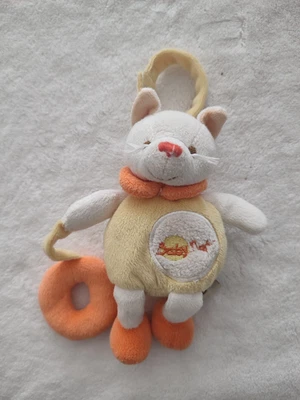 Doudou chat jaune orange blanc attache tetine bouee 16cm tbe grelot - Photo 1/2