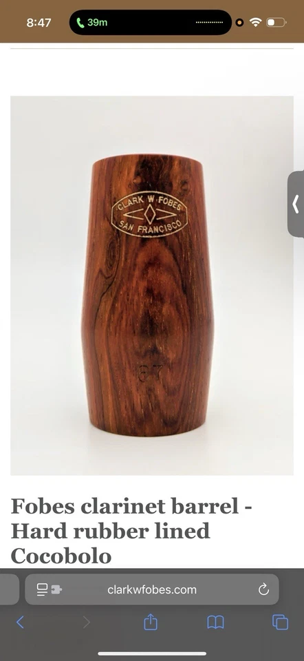 Бочонок кларнета Fobes - кларнет Bb с жесткой резиновой подкладкой кокоболо 67 мм - Изображение 4 из 4