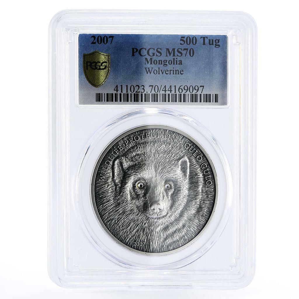 Mongolia 500 togrog Wildlife Protection Wolverine MS70 PCGS silver