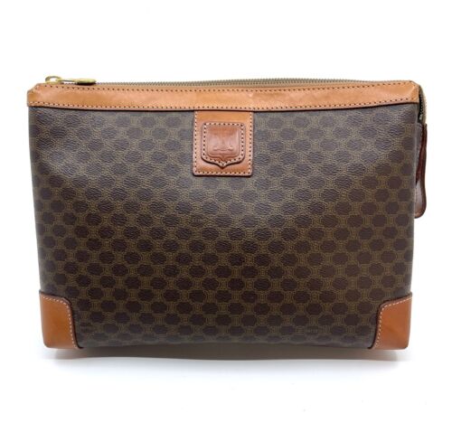 CELINE Clutch Bag Macadam Brown PVC Auth
