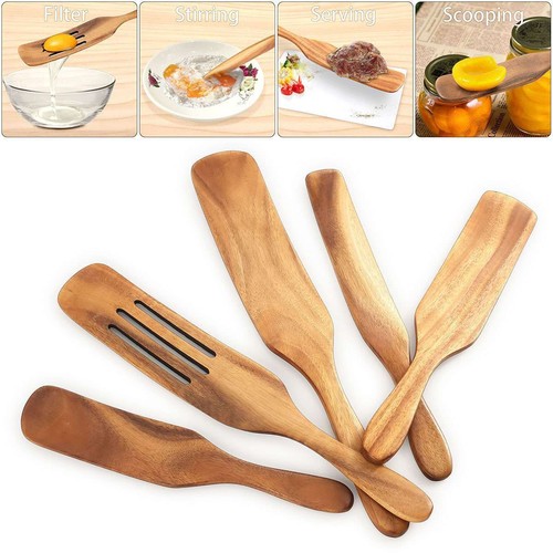 Spurtle Kitchen Cooking Utensil 5pc Set Teak Wood Non Stick Wooden Spatula Spoon - Picture 4 of 12
