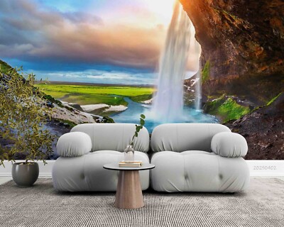 3D Waterfall Sky Green Field Landscape Self-adhesive Removable Wallpaper Murals