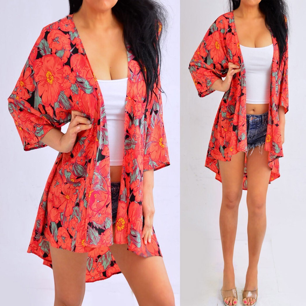 LULAROE Orange Green Black Yellow Floral Cardigan Top Size M