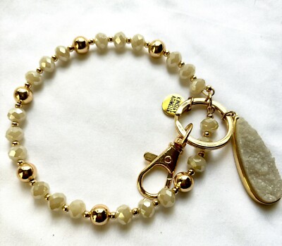 Kinsley Armelle White Bead Quarts Charm Wristlet Keychain Gold Tone N5216