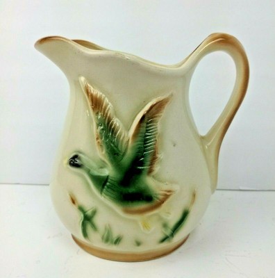 Vintage Pottery Ducks/Geese Stoneware Pitcher W/ Handle Brown Green 6  Tall