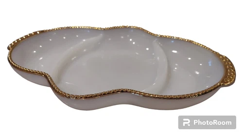 Fire King White Milk Glass Divided Dish Anchor Hocking Gold Trim Vintage