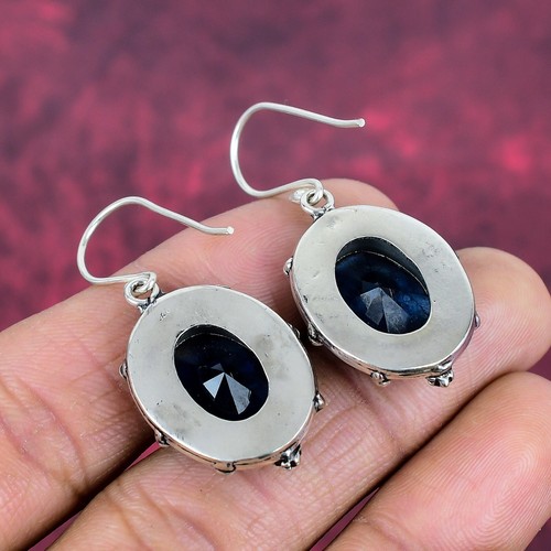 Blue Sapphire Lab-Created Gemstone Handmade 925 Sterling Silver Jewelry Earring - Picture 5 of 5