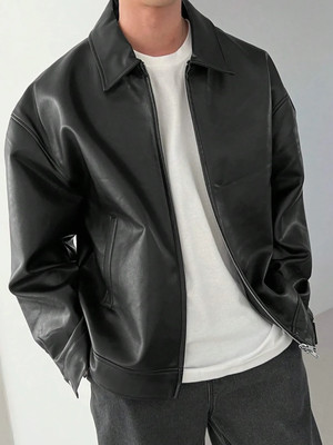 Men's Korean Style Oversized Black Leather Jacket Modern Slim Casual Streetwear