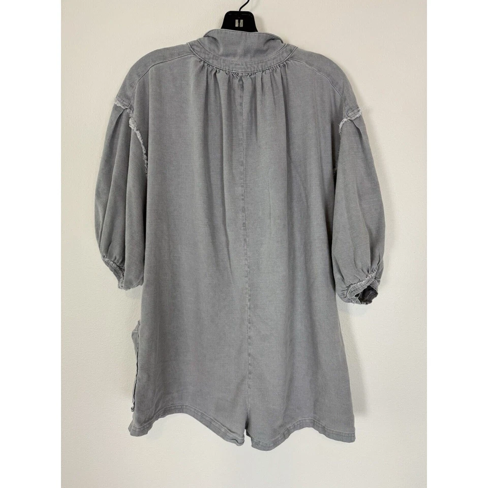Free People Linen Romper Womens XS Frayed & Pintucked Gray Linen Blend Oversized - Image 4 of 4
