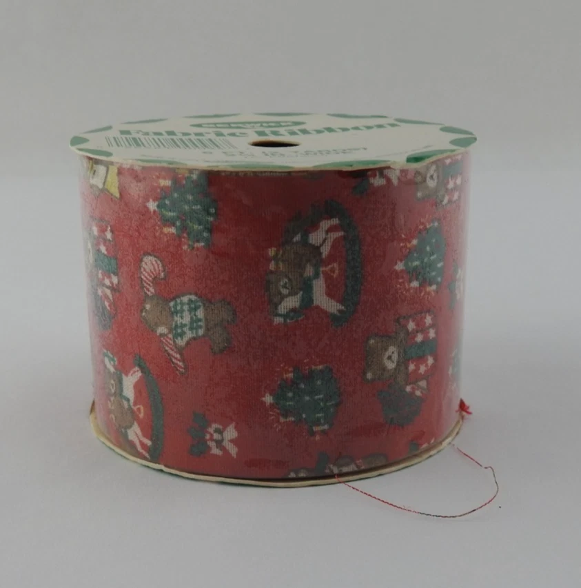 Vintage Berwick Christmas Fabric Ribbon Bears Trees Red 2 Yards 2¼ Inch Wide - Image 3 of 4