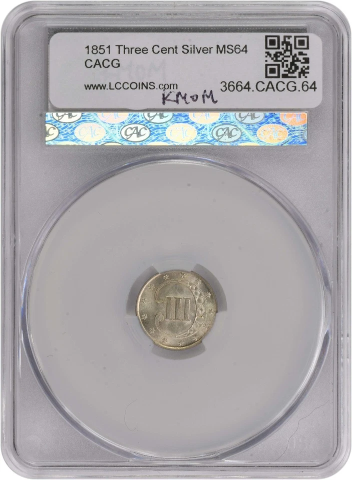 1851 Three Cent Silver MS64 CACG - Image 2 of 4