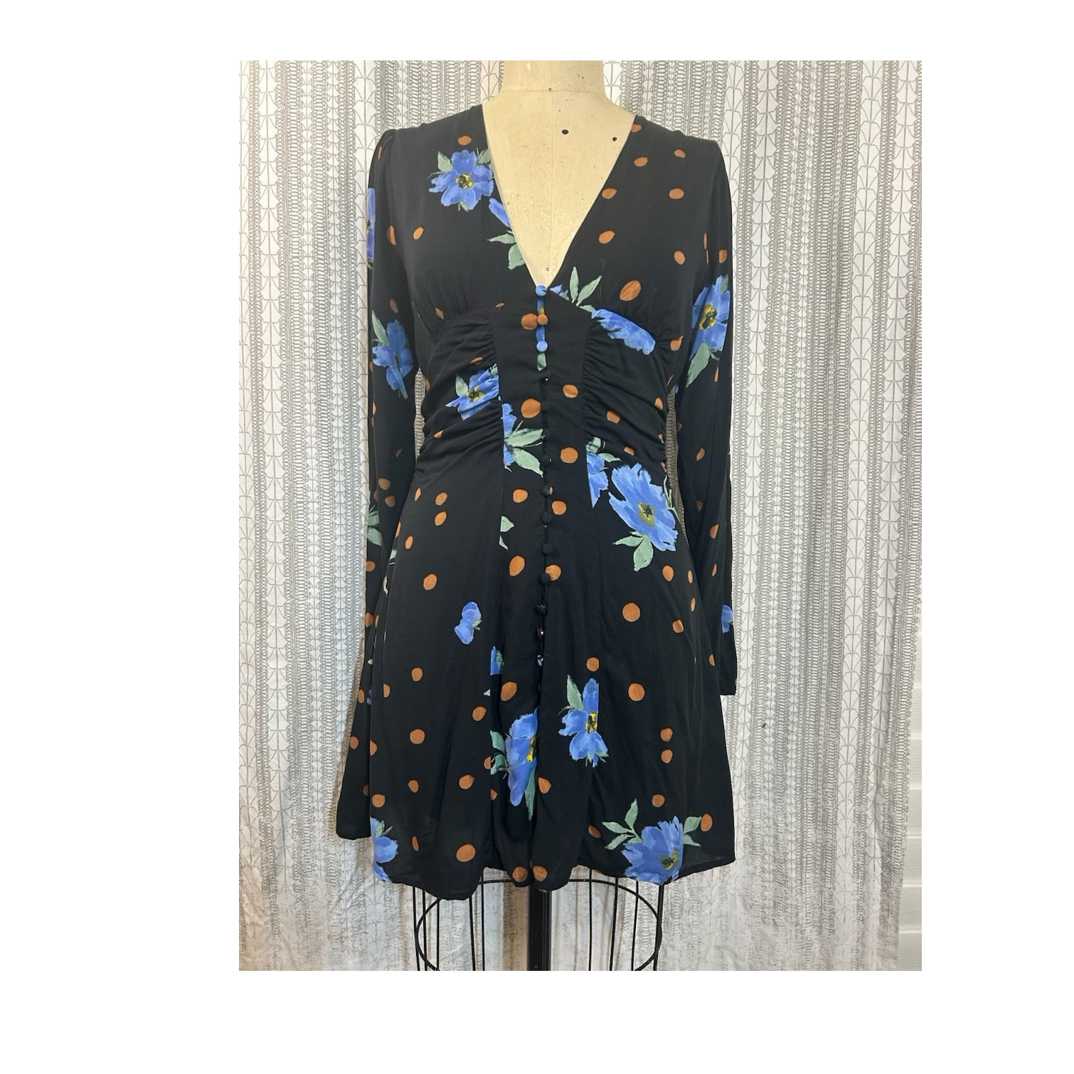 Free People Black Blue V-Neck Long Sleeve Mini Dress Polka Dot Button S