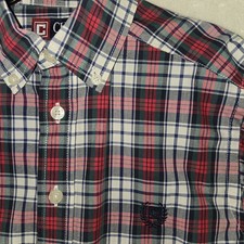 CHAPS Button Up Shirt Red Green Plaid L/S Boys Size 8 Dress Up EUC