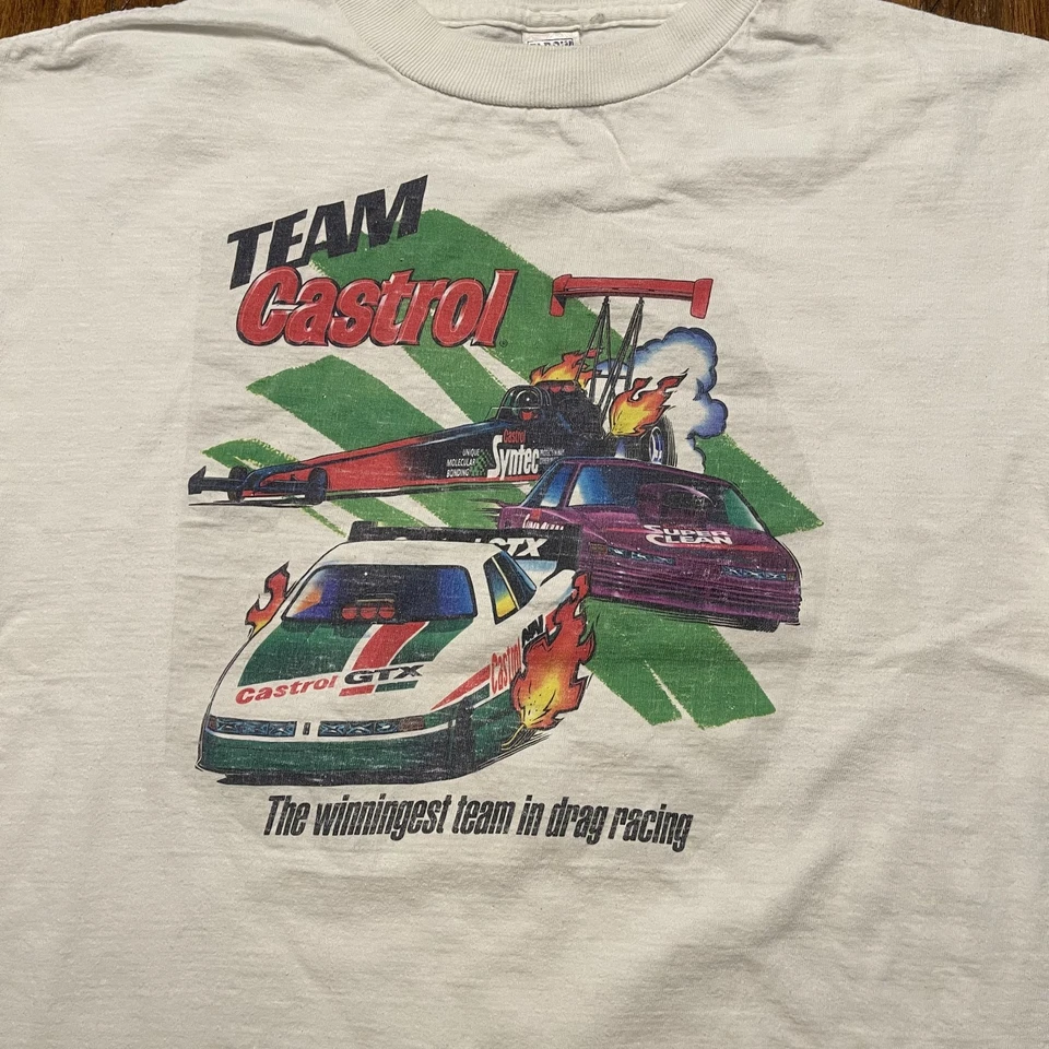 Camisa De Colección Team Castrol Para Hombres Grande Blanca Arrastre Carreras Divertida Coche Top Combustible Años 90 Foto 3 de 4