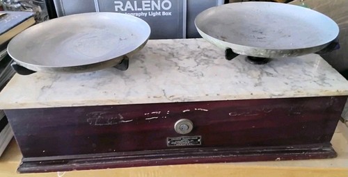 Antique Henry Troemner Balance Scale Wood & Marble Apothecary Table Top Pharmacy