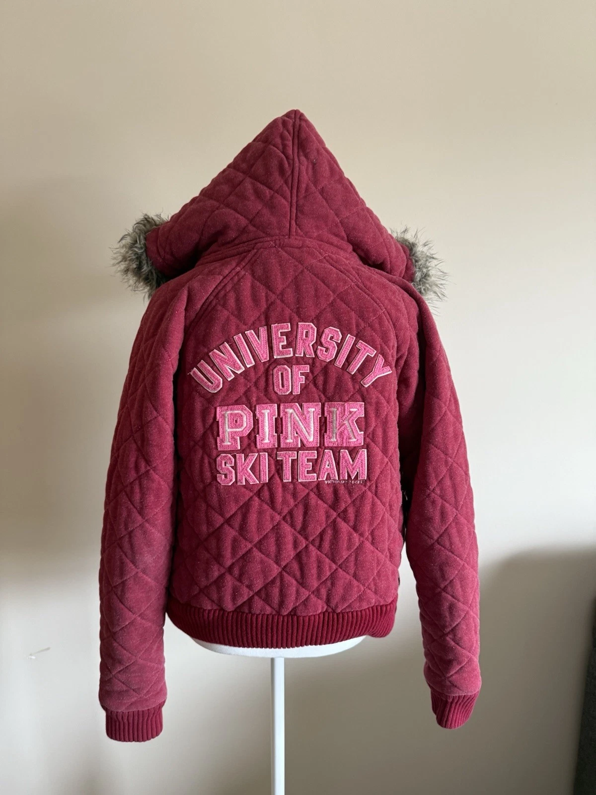 Y2K Victorias Secret Pink Red Full Zip Varsity Letter Jacket Fur Hood Fur Coat