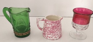 Vintage Lot 3 Pink  Spongeware Creamer Art Green Pitcher Burgundy Goblet