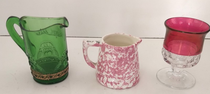 Vintage Lot 3 Pink  Spongeware Creamer Art Green Pitcher Burgundy Goblet