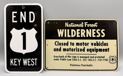 Lot of 2 Vintage Aluminum Road Signs US Route 1 End Key West Wilderness Cave Dec