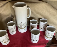 ROSENTHAL THOMAS GERMANY ANTIQUE SHIPS PORCELAIN 1 QUART  PITCHER & 6 MUGS 1960s