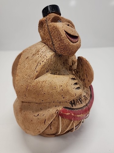 Vintage Coconut Monkey Playing A Drum Tiki Bar Hand Carved 8 1/2"H X 7"W - Picture 8 of 12