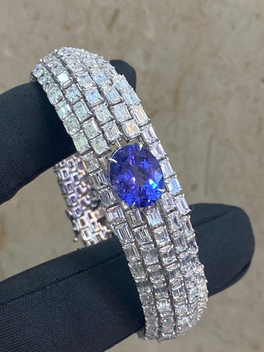 36,30 Ct Emeraude Forme Naturel Diamants Tanzanite Tennis Bracelet 18K Or blanc - Foto 3 di 16