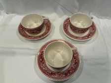 Royal Ironstone Memory Lane Cups & Saucers Red ~ Set of 3