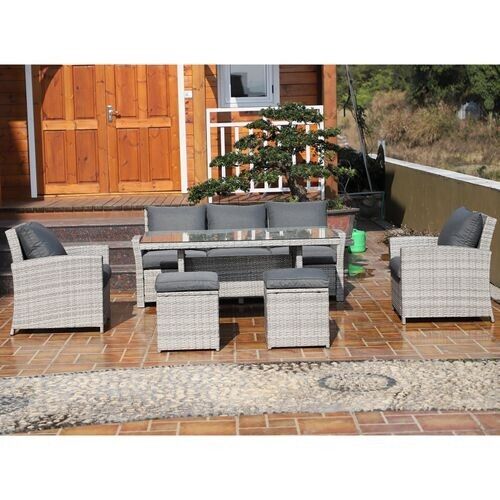 6Pcs Rattan Dining Set Sofa Table Footstool Outdoor w/ Cushion Garden Furniture