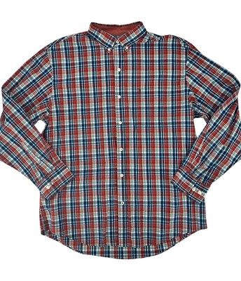 Izod Premium Button Down Shirt Men s Large Burgundy Navy Plaid