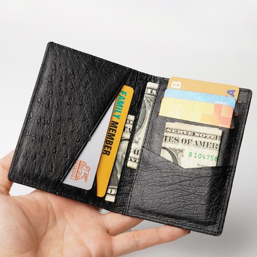 Genuine Black Ostrich Leather Card Holder Real Skin Unisex Slim Wallet Handmade - Picture 5 of 12