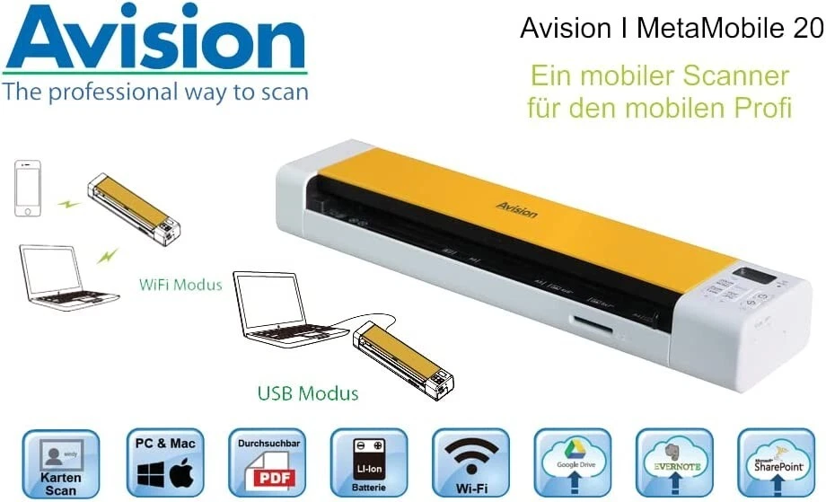 Avision Meta Mobile 20 - A4 Dokumenten Scanner- USB & Akku Powered-32GB SD-Card - Bild 2 von 4