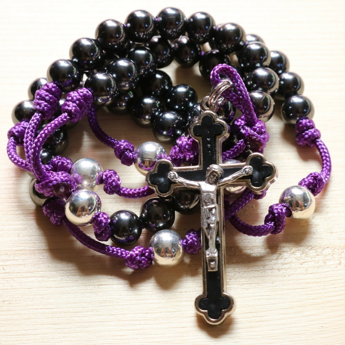 Rosary Purple Paracord Black Steel Rope Cord Wearable Rosario Catholic Mercy