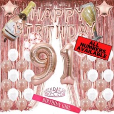 91st Birthday Rose Gold Decorations - 40" Number Balloons, Foil Curtains  More