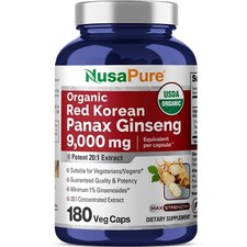 NusaPure Red Korean Panax Ginseng 9,000mg 180 Veggie Caps USDA Organic 