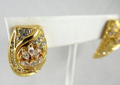Signed Nadri Crystal & Gold Tone Pierced Earrings