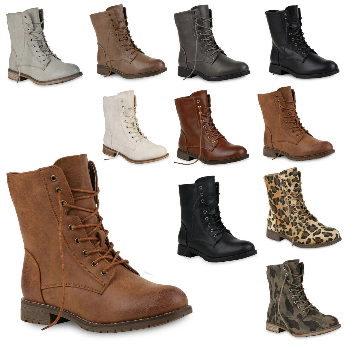 Damen Schnürstiefeletten Profil Sohle Stiefeletten Leder-Optik 