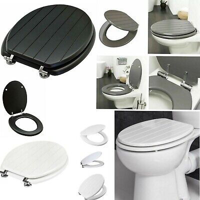 Matt Black Tongue and Groove Wooden MDF Bathroom Toilet Seat with Chrome Hinges