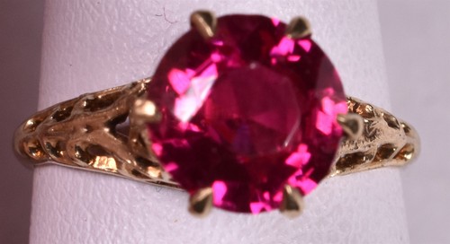 Antique Red Solitaire 10k Yellow Gold Filigree Synthetic Ruby - Picture 2 of 4