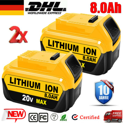 2PACK 8,0Ah für DeWalt Akku 18V XR Lithium Li-Ion DCB184 DCB182 DCB200 DCB205 DE