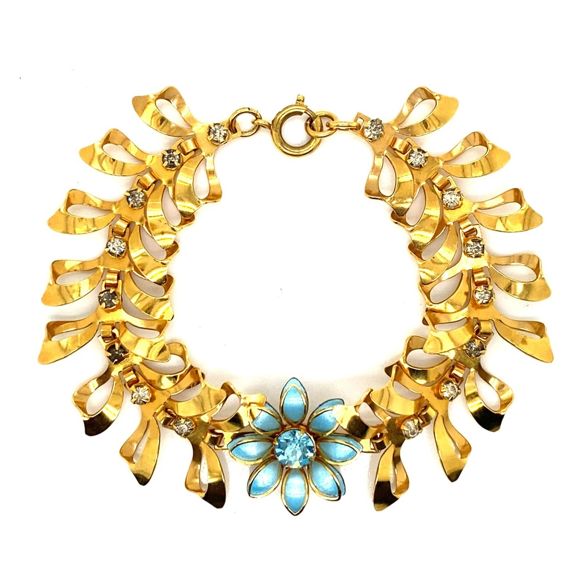 All Blued ROUND BRACELET CARVED（GOLD） VTG Retro Gold Tone, Blue Enamel & Rhinestone 7” Bracelet! Unique